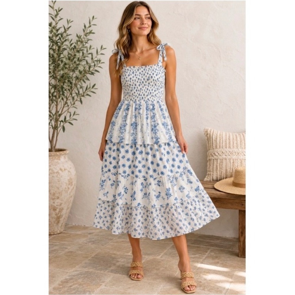 Crystal Doll Women Cottagecore Blue White Floral Smocked Tiered Midi Dress XS
